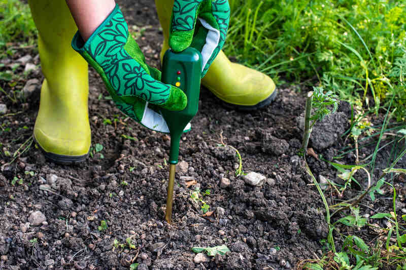 Gloved hand inserting a digital soil nutrient meter into garden soil to measure nitrogen content while wearing yellow rain boots