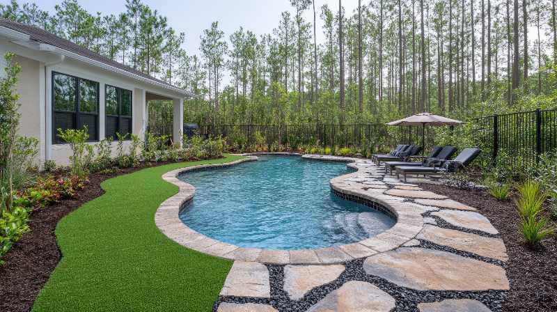 A backyard swimming pool surrounded by flagstone patio, artificial turf, and lush landscaping