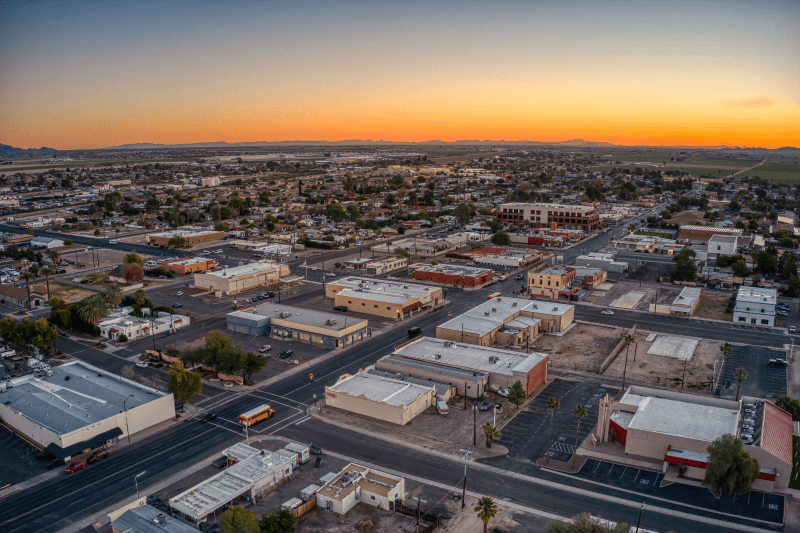 An aerial view of Buckeye, Arizona, during sunset