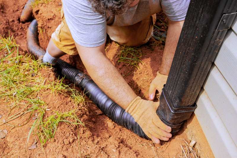 A man installing a flexible gutter extension drainage pipe connector to a downspout