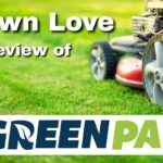 GreenPal Review 2026: Is It Legit? A red push lawn mower cutting a lush, bright green lawn, with the text "Lawn Love Review of" and the Greenpal logo overlaid on the image.