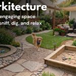 Barkitecture: 12 Dog-Friendly Landscaping Ideas for Your Backyard A golden retriever walks along a stone path in a beautifully landscaped backyard designed for dogs, featuring a sandbox with toys, a small pond with river rocks, lush garden beds, a shaded seating area, and a patch of green lawn