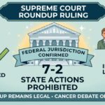 The 2026 Supreme Court Roundup Ruling, Explained: What It Means for You An illustrated infographic depicting the Supreme Court's 7–2 Roundup herbicide ruling, featuring a hand holding a green Roundup bottle with a checkmark labeled "Labeling Preemption," a center illustration of the Supreme Court building with a "Federal Preemption Upheld" banner, and three somber figures marked with a red X labeled "Claimants Blocked," with a bottom banner reading "Roundup Remains Legal • Cancer Debate Ongoing."