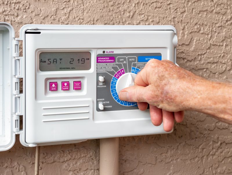 A hand adjusts the dial on an outdoor sprinkler control panel to program an automatic lawn irrigation system.