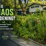 What Is Chaos Gardening? The Wild Summer Trend Saving Homeowners Hundreds on Lawn Care A branded hero image for a chaos gardening article featuring bold text and benefit icons on the left, with a lush suburban boulevard garden bursting with black-eyed Susans, pink phlox, and purple salvia spikes on the right.