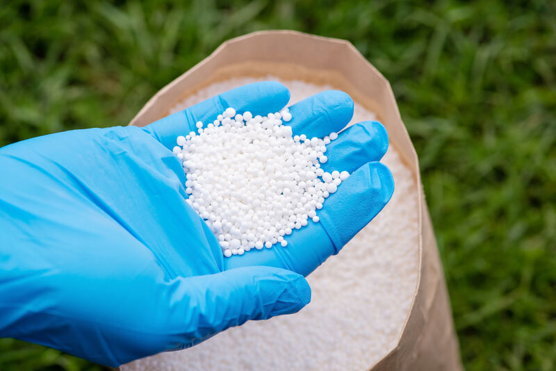 Close-up of a hand with granular nitrogen fertilizer