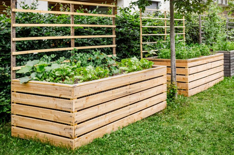 Two wooden raised garden beds with trellises grow vegetables on a green lawn in a backyard.
