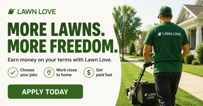 Lawn Love Pro Benefits ad block: More Lawns, More Freedom / Choose your jobs / Work close to home / Get paid fast
