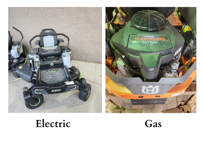 Side-by-side image of an electric zero-turn mower and a gas-powered mower engine.