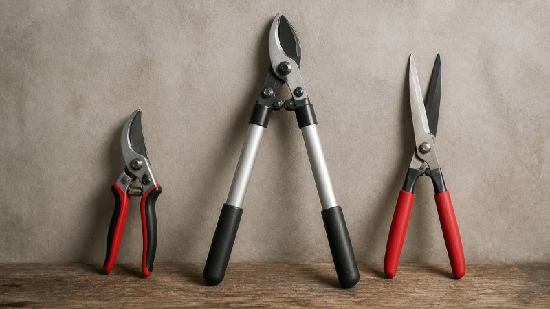 Three garden hand tools — pruners, loppers, and shears — standing upright on a wooden surface.